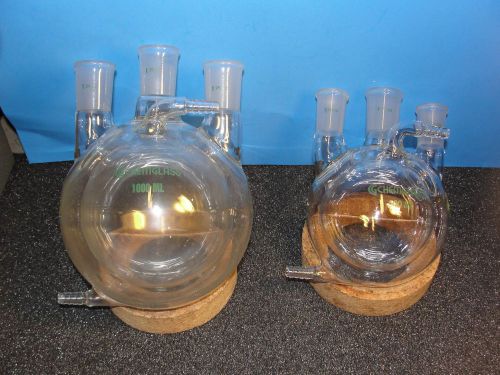 2 Chemglass jacketed jacket heavy round bottom 3 neck reaction flasks Hi Quality