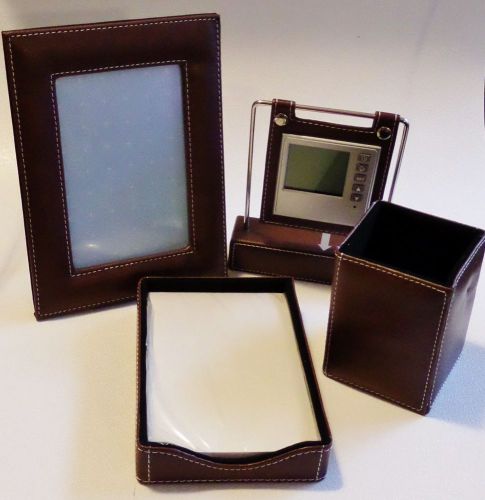 4 Piece Brown Faux Leather Desk Set ~ Clock, Frame, Note Pad &amp; Pen Holder ~ New