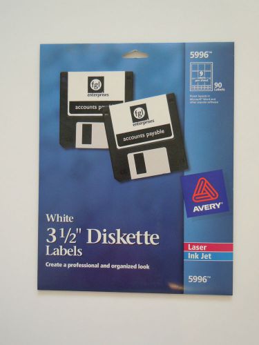 AVERY 5996- WHITE 3 1/2&#034; DISKETTE LABELS - 90 LABELS - LASER/ INK JET