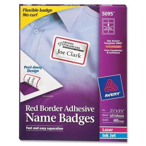 Avery Printer Name Badges - 2.33&#034;Wx3.37&#034;L - 400/Box - Laser, Inkjet - Red