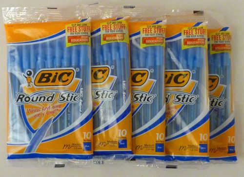 BIC Round Stic Medium Ball Point Pens BLUE Ink 5 X 10packs = 50 pens Total