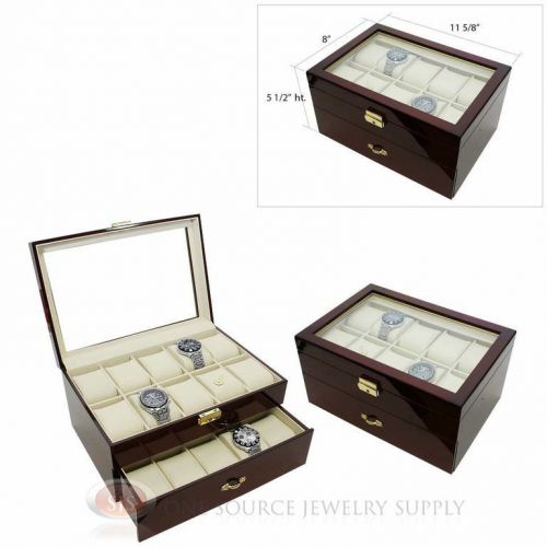(2) 20 Watch Glass Top Rosewood Cases with Beige Faux Leather Lining Displays