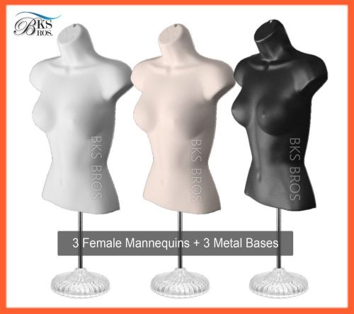 3 White Flesh Black Female Mannequin Torso Stand + Hanging Hook Dress Form Woman