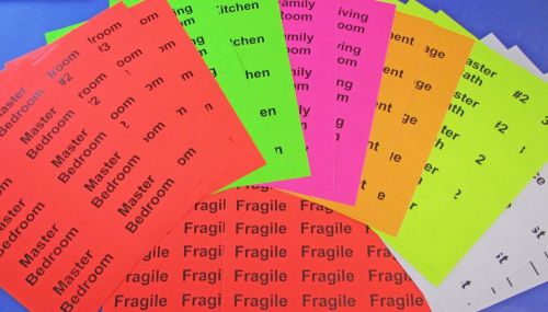 Color coded moving labels kit 4&#034; x 2&#034; fluorescent room labels 18 sheets # 4020rl for sale