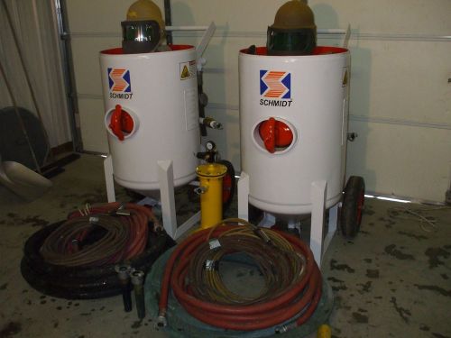 Two Schmidt 650 lb sandblast pots, helmets, clemco purifier, hose, nozzles