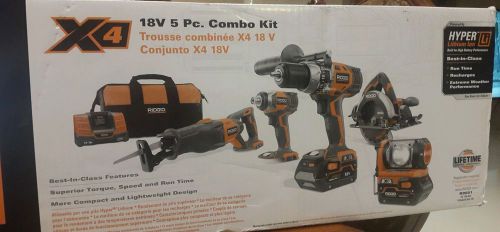 BRAND NEW RIDGID 18V x4 Hyper Lithium Ion Cordless 5 Pc Combo Drill Saw Kit R96