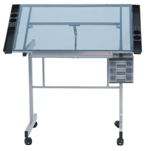 Drafting table drawing art craft studio office storag tempered blue glass top for sale