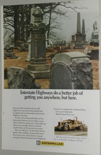 1971 CATERPILLAR Tractor advertisement, Cat 627 scraper, graveyard, headstones