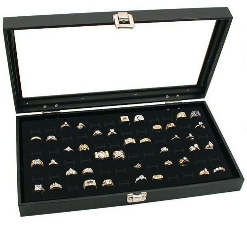 Glass top black jewelry display case 72 slot compartment ring tray for sale