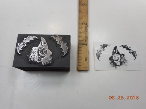 Letterpress Printing Printers Block, Halloween, Smiling Witch w 2 Bats