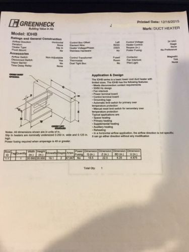 Greenheck IDHB Duct Heater 20 X 20