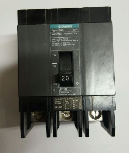 USED SIEMENS BQD 20 AMP CIRCUIT BREAKER