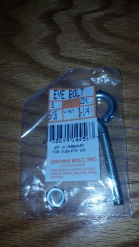 LOT OF FIVE 5/16&#034;x 3 1/4&#034;ZINC PLATED EYE BOLTS W/ NUT (CROWN BOLT INC.)