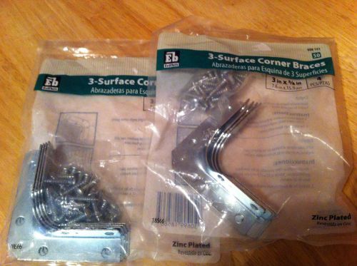 2 packs-Everbilt 3&#034; x 5/8&#034;  Zinc Plated 3 surface Corner Braces H608191