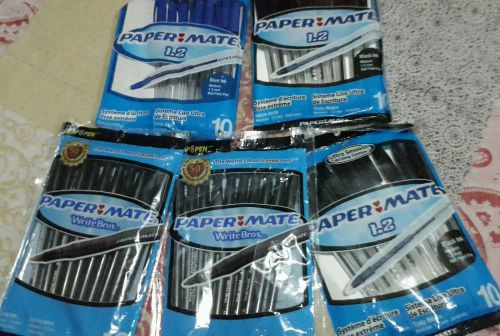 PAPER MATE STICK MED TIP BALLPOINT PENS 10 PER PK BLUE AND BLACK INK LOT OF 5 PK