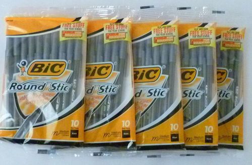 BIC Round Stic Medium Ball Point Pens Black Ink 5 X 10packs = 50 pens Total