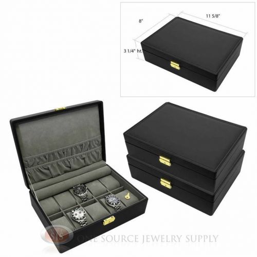 (3) 10 Watch Solid Top Black Faux Leather Watch Cases with Gray Lining Displays