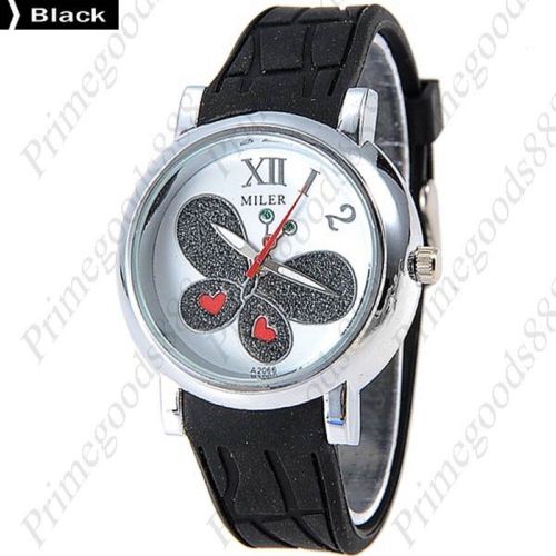 Butterfly Hearts Quartz Analog Rubber Unisex Free Shipping Wristwatch Black