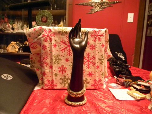 Ceramic 12&#034; Tall Black Hand &amp; Arm With 3 Ceramic Bracelets on Piece Display