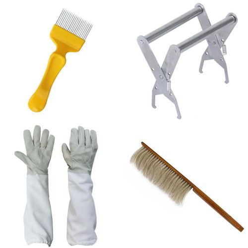 Bee hive frame holder grabber + horse bristle brush + gloves+ fork for beekeeper for sale