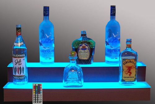 MAHOGANY 30&#034; LED LIGHTED 2 TIER/STEP LIQUOR BAR  BOTTLE SHELF DISPLAY-SHELVES