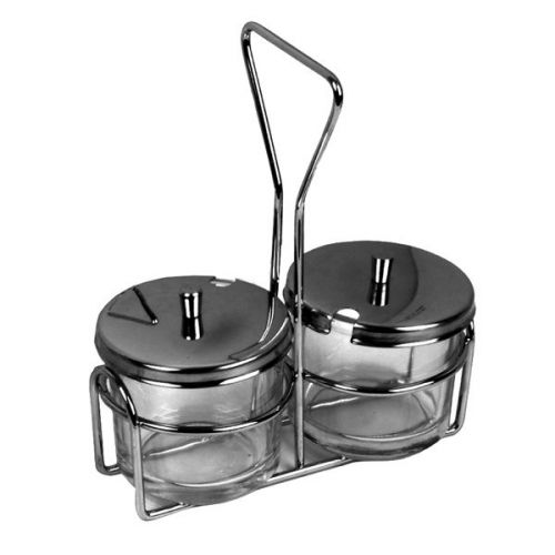 1 Glass Jar Set: 2 Glass 7 Oz Jars, 2 Stainess Steel Covers, 1 Two Hole Holder