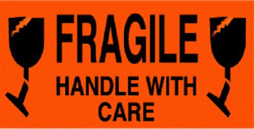 4x6 &#034;fragile handle with care w/broken glasses&#034; blk/orng roll of 500 labels for sale