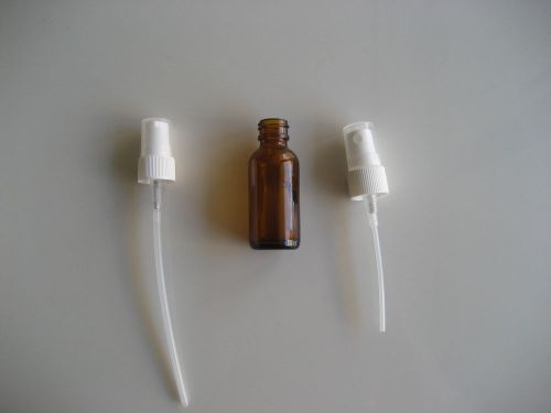 Lot of 20 glass bottles, amber glass 1 oz white  20/41 fine mist sprayer or pump for sale