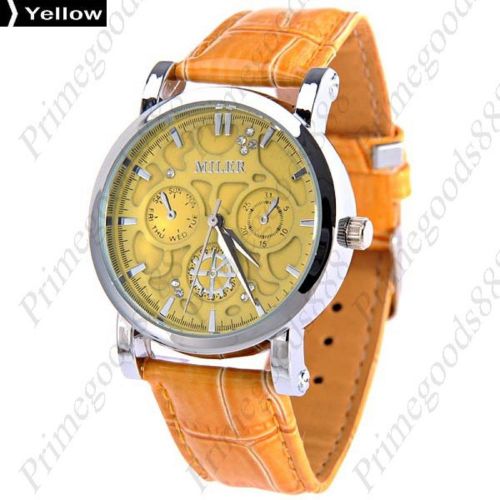 Round pu leather lady ladies analog wrist quartz wristwatch women&#039;s yellow for sale