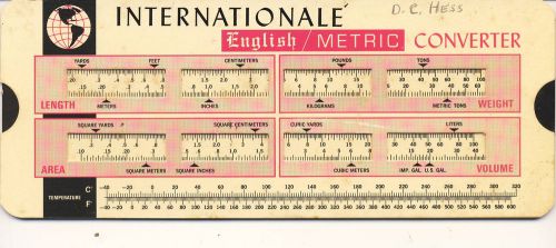 VINTAGE INTERNATIONALE ENGLISH/METRIC CONVERTER SLIDE RULE - 1971