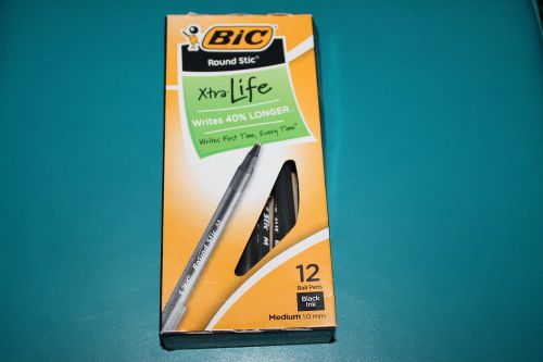 BIC ROUND STIC GRIP XTRA-LIFE PENS ~ Medium 1.0MM, BLACK INK, 12 PACK