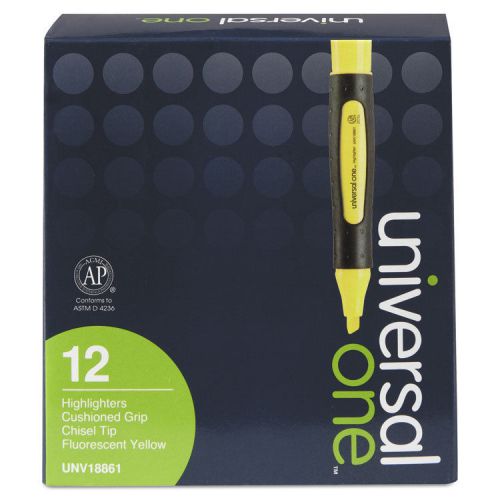 Universal Desk Highlighter w/Comfort Grip, Chisel Tip, Fl Yellow, 12/Pk-UNV18861