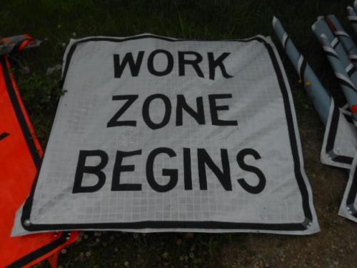 NOS EASTERN VINYL ROLL-UP STREET SAFETY SIGN *WORK ZONE BEGINS* 47&#034;X47&#034;