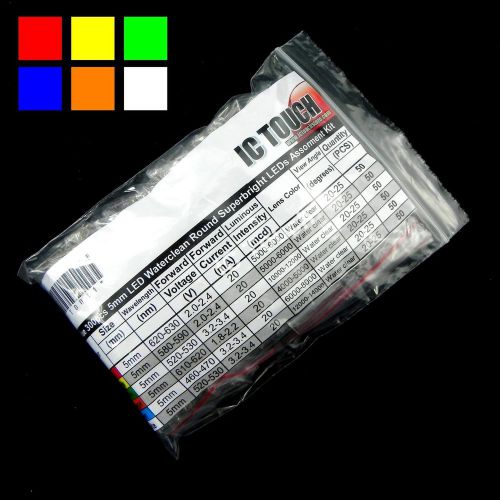 6value 300pcs (R,Y,G,O,B,W) 5mm Round Superbright Light LED Assortment Kit (#088