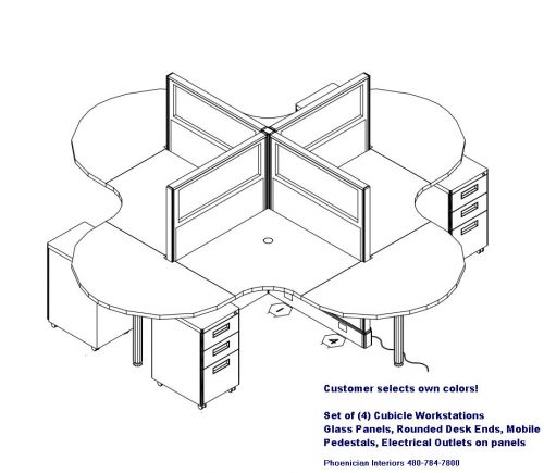 Set of 4 office cubicles systems workstations with glass panels round desk ends for sale