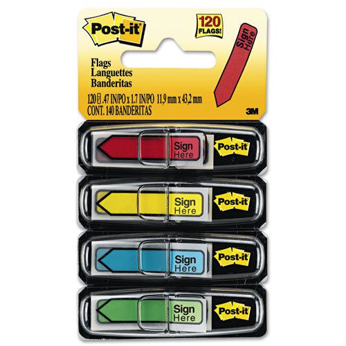 Post-it arrow message 1/2 flags, sign here, 4 colors w/dispensers, 3 pks of 120 for sale