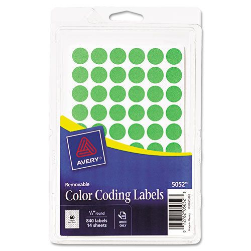 Removable Self-Adhesive Color-Coding Labels, 1/2in dia, Neon Green, 840/Pack