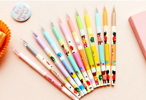 NEW LOT of 12 COLORS Cute Friendly Bear Rollerball GEL PENS SET 0.5/.5mm &amp; Case