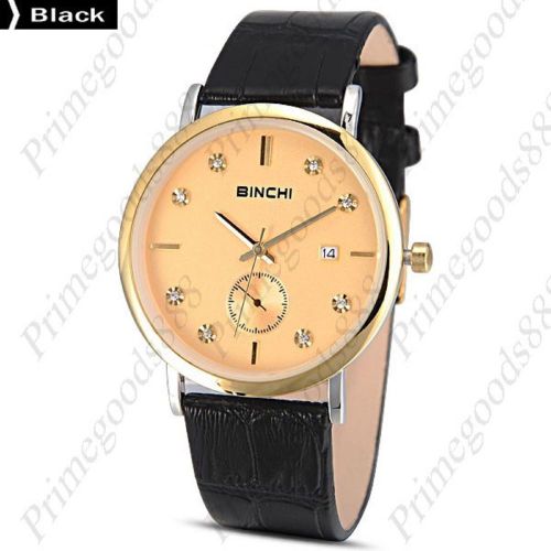 Thin Gold Rhinestones Date Quartz Wrist Analog Sub Dial Men&#039;s Wristwatch Black