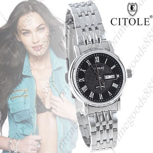 Round Stainless Steel Quartz Wrist Date Free Shipping Silver Black Women&#039;s