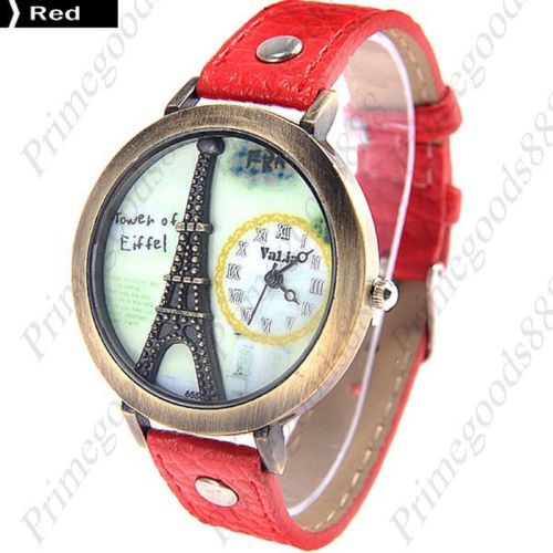 3d eiffel tower round pu leather quartz lady ladies wristwatch women&#039;s red for sale