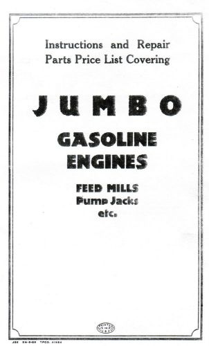 Jumbo gas motor gasoline engine book service manual hit miss stationary flywheel for sale