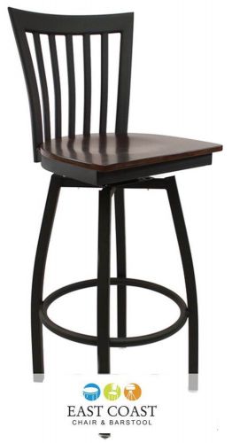 New Gladiator Full Vertical Back Metal Swivel Bar Stool with Walnut Wood Seat