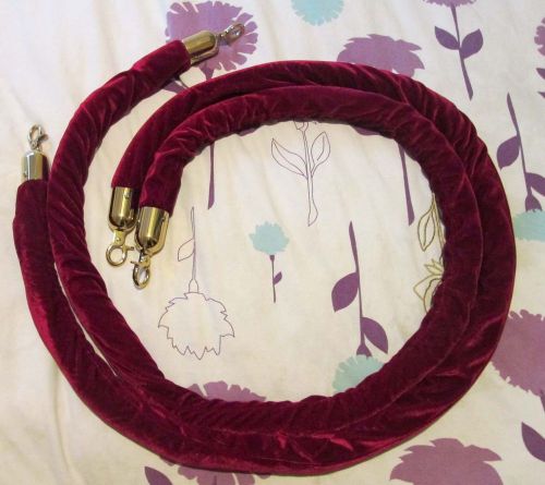 2 Barrier Ropes Crowd Control Stanchion 78&#034; Red Burgundy Velvet Gold Hardware