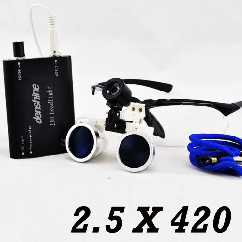 Dental surgical binocular loupes 2.5x 420mm + led head light lamp -black for sale