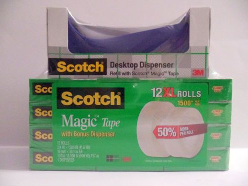 Scotch 3M Blue Dispenser 12 Jumbo 3/4&#034; X 1500&#034; Magic Invisible Tape Rolls NEW