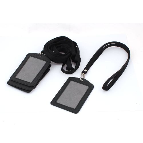 5pcs black faux leather vertical business badge work id card holder w neck strap for sale