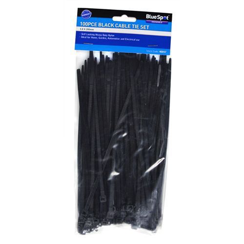 Blue Spot Cable Ties 4.8x 200mm Black(100pcs) Self Locking Heavy Duty Nylon