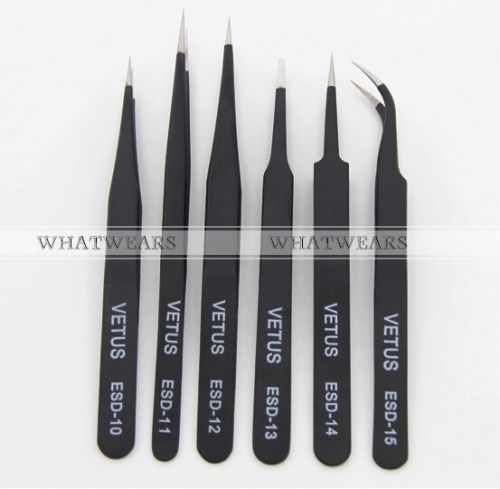 6x ESD Anti Static Tweezers Stainless Steel Pointed Tweezers Repair Tool MPH