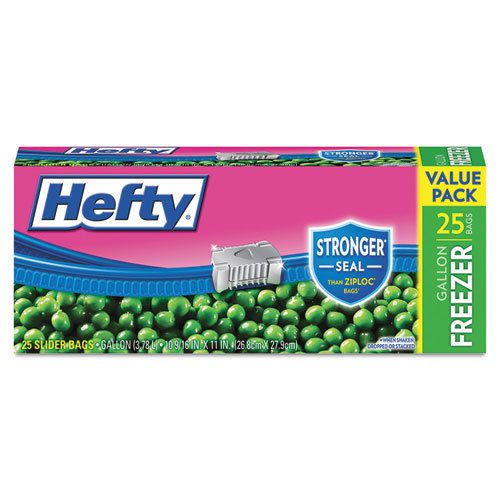 Hefty One Zip Slider Bags, Freezer, 1gal, 2.5 mil, Clear, 25/Box